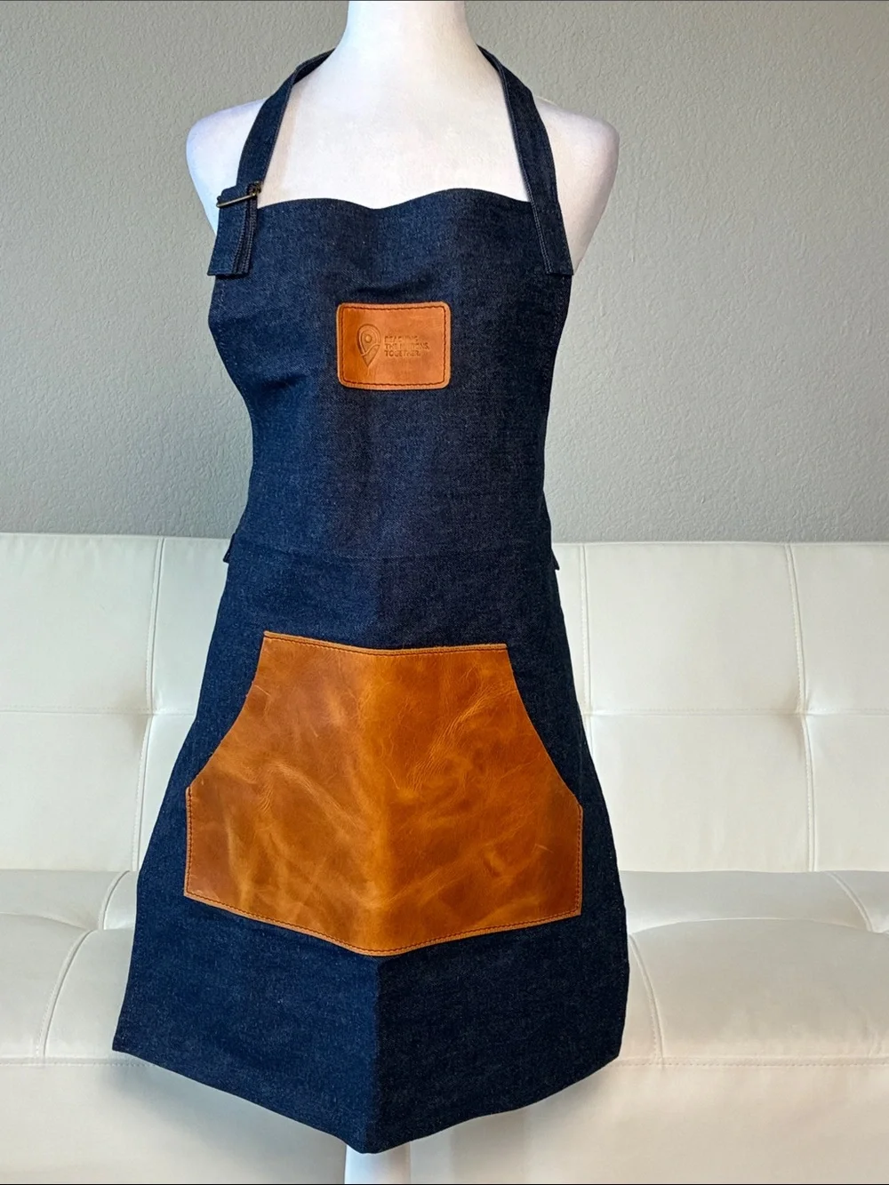 Premium Denim Apron with Brown Leather Pocket - Picture 1 of 11